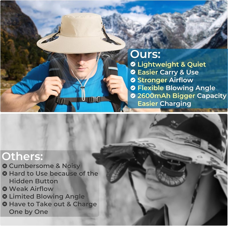 AMACOOL 2-in-1 Hands-free Hat Fan with Detachable Neck Fan, UPF 50+ Wide Brim Sun Hat, 3-Speed Adjustable, 2600mAh Rechargeable Fishing Essentials for Men Women Camping Travel Delivery Outdoor-Khaki - Image 3